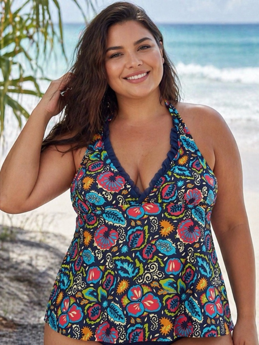 Mazu Tankini Top 18W Navy Floral Halter Built-In Bra Plus Size Swim
